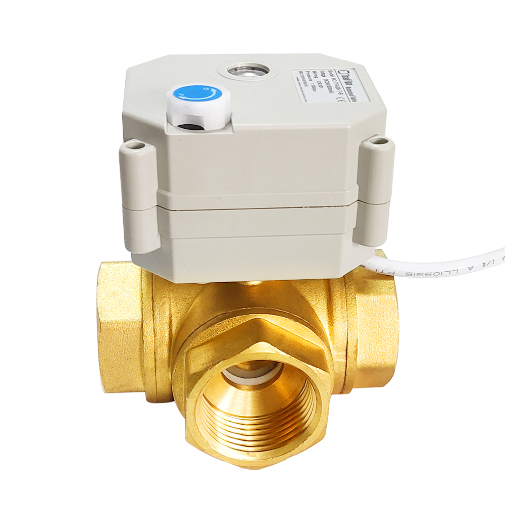 电动球阀铜三通,T型/L型电动铜三通阀门带手动带位置反馈，DC5V/12V/24V/220V微型电动阀DN8到DN32,BSP螺纹或NPT螺纹